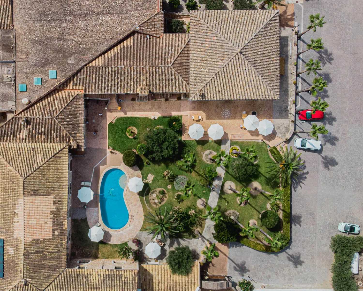 Aerial view of Curolla with its garden and pool